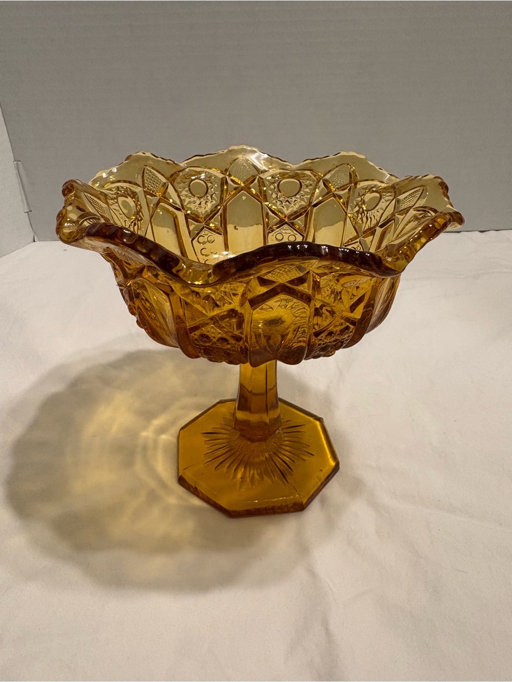 L E Smith Glass Heritage Quintec Vintage MCM Glass Amber Compote/Candy Dish